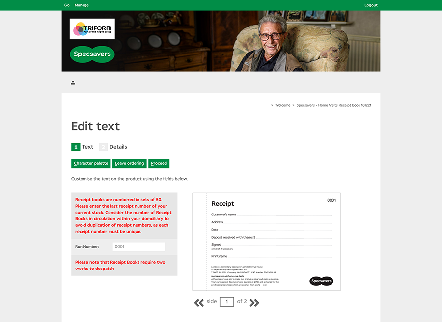 Specsavers Home Visits Receipt Book