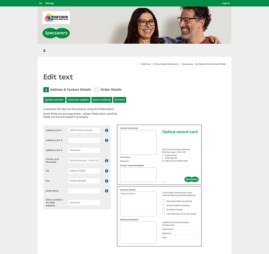 Specsavers Optical Record Cards